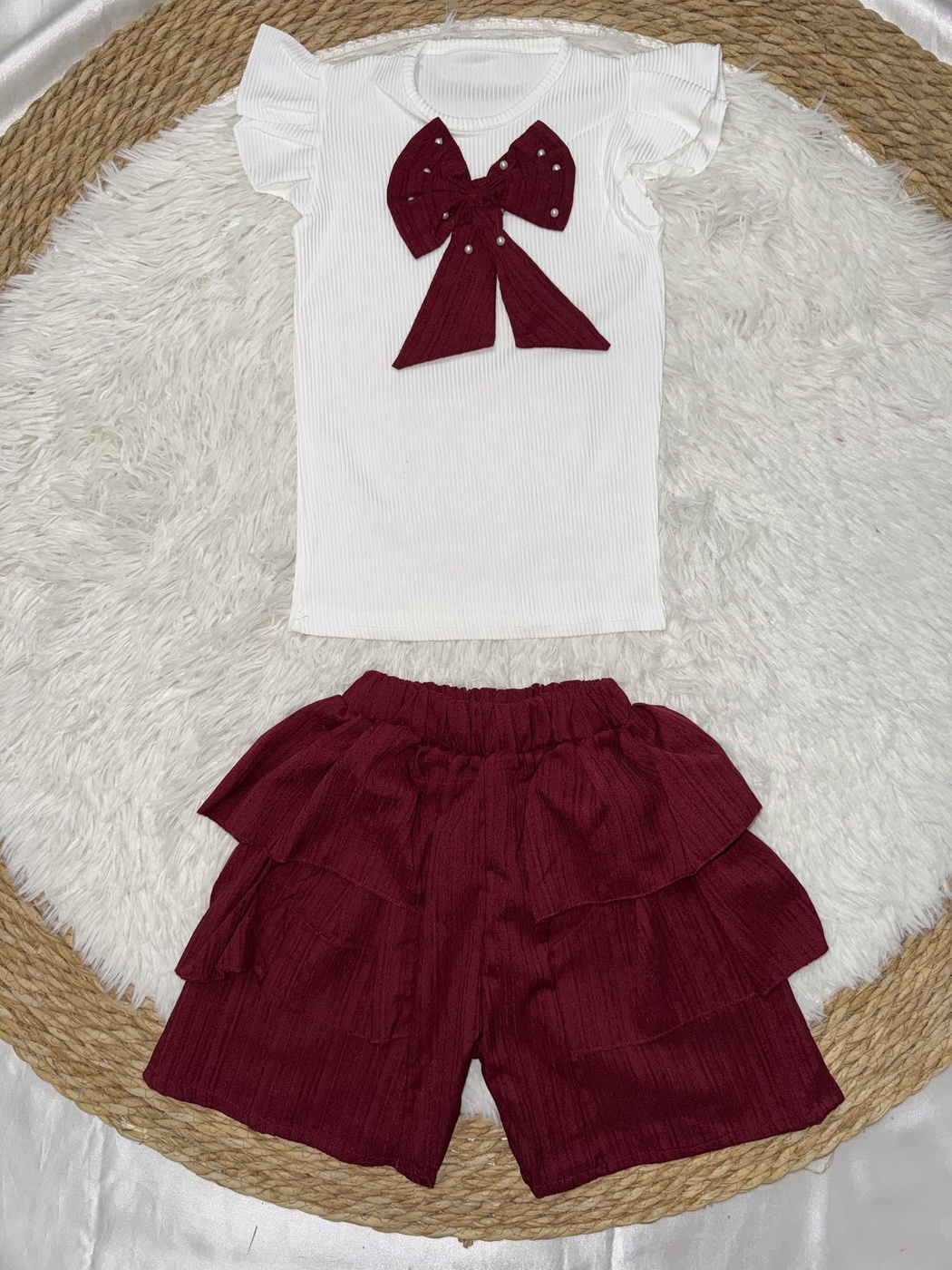 Bow Burgundy Shorts Set - Girl (Ruffle Shorts)-08
