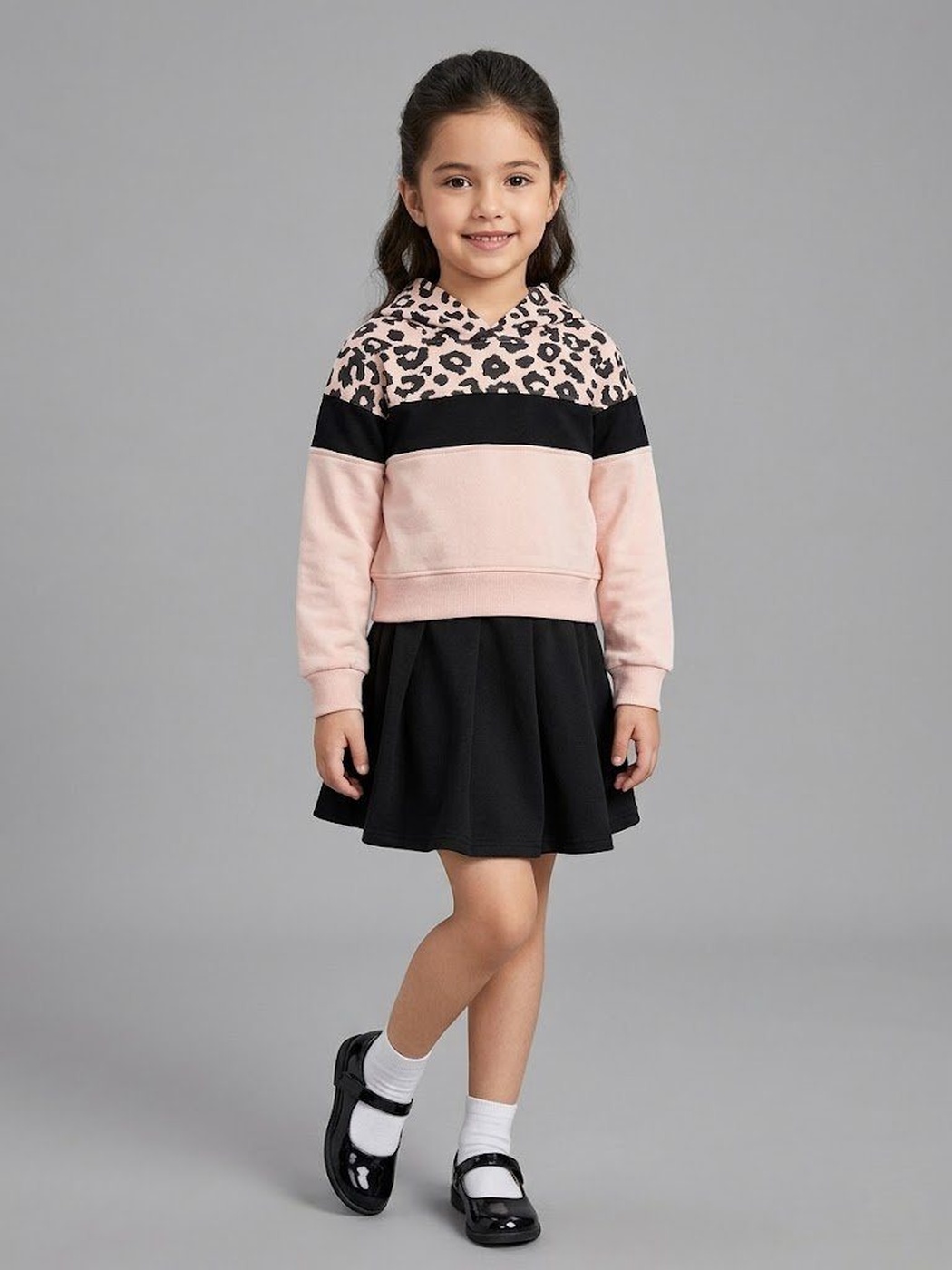 Leopard Blush Hoodie Set - Girl (Black Skirt)