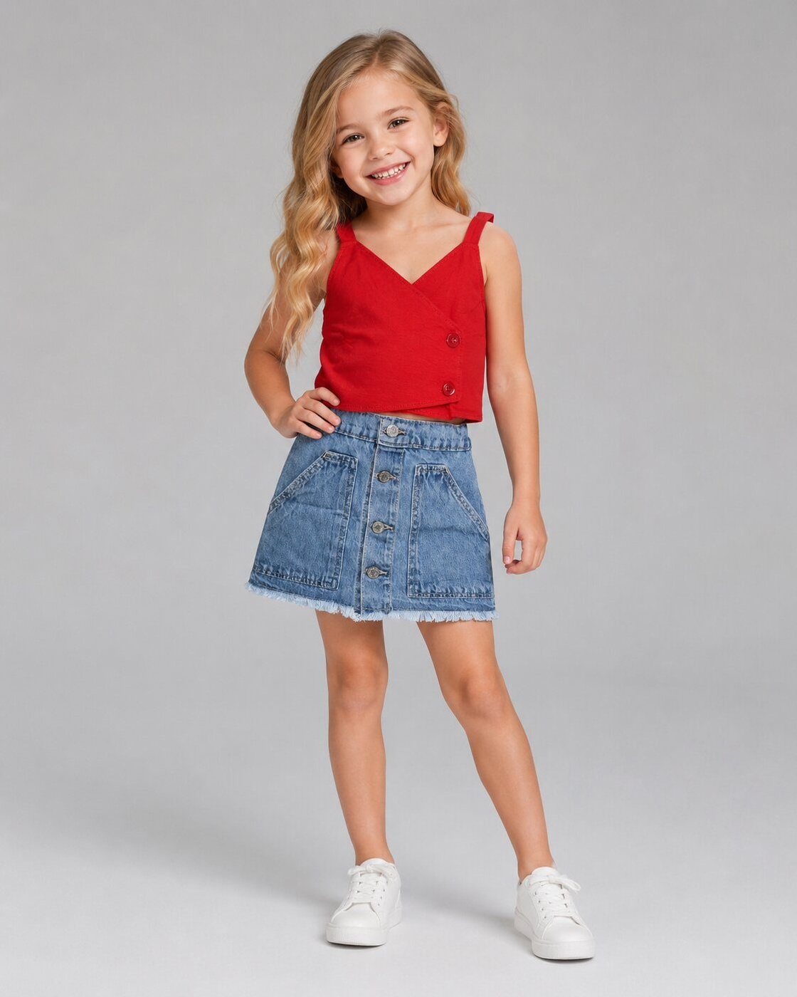 Wrap-Front Red Denim Skirt Set - Girl (Button-Front Skirt)-08