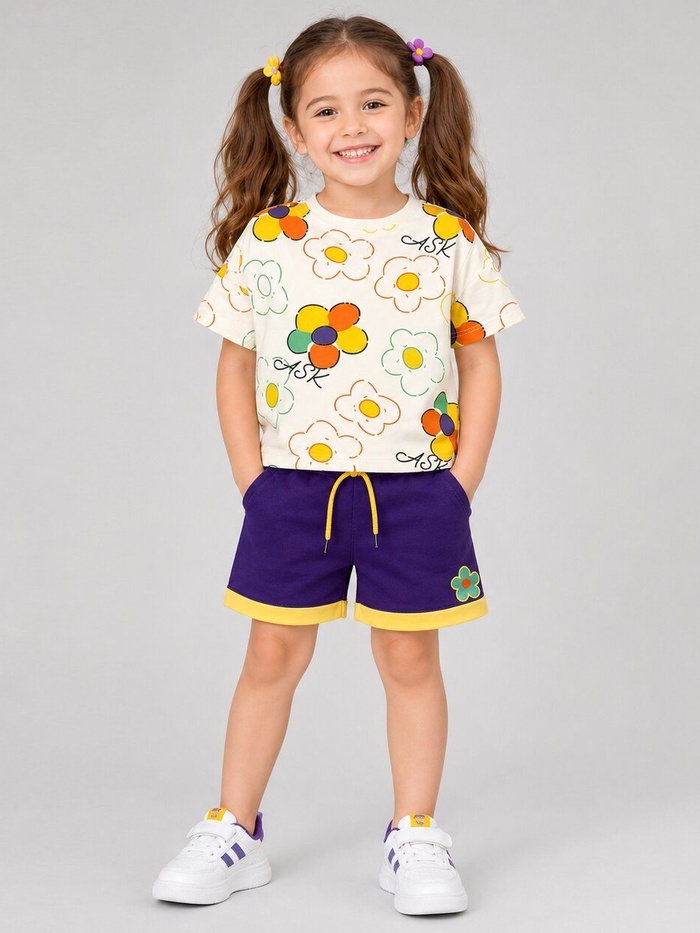 Floral White Shorts Set - Girl (Floral Top)