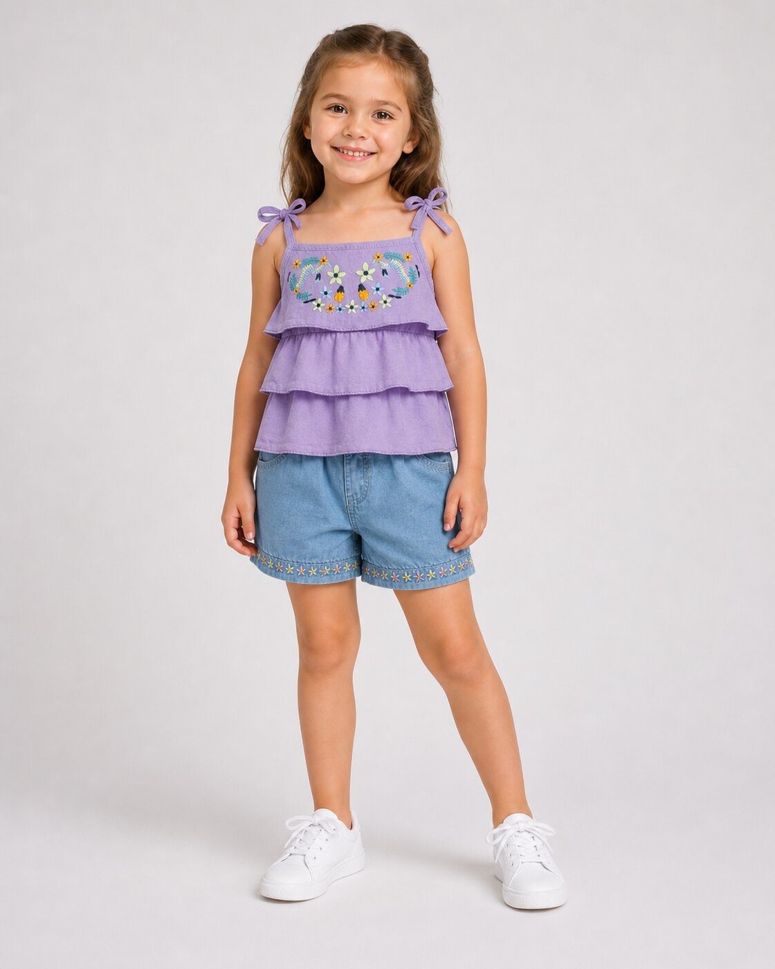 Floral Embroidered Purple Shorts Set - Girl (Ruffle Top)-08
