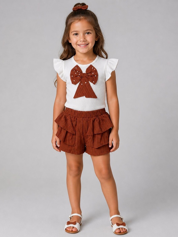Bow Rust Brown Shorts Set - Girl (Ruffle Shorts)