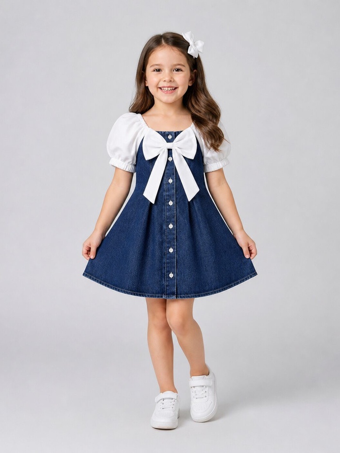 Navy Denim Dress - Girl (White Bow)