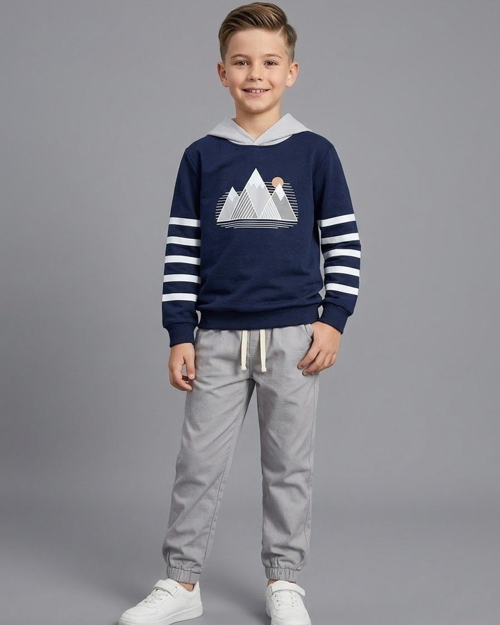 Mountain Graphic Hoodie Set Navy - Boy (Striped Sleeves & Grey Pants)