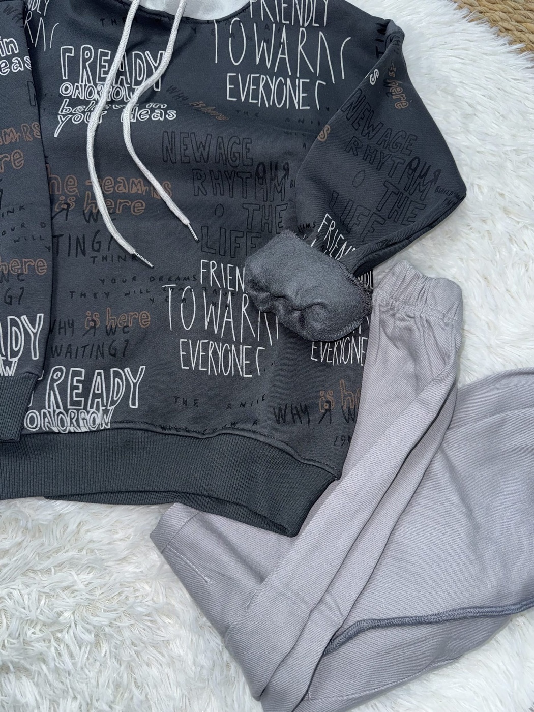 Friendly Text Hoodie Set Dark Grey - Boy (Light Grey Hood & Pants)
