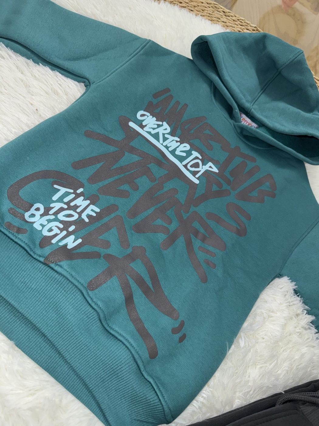 Typography Green Hoodie - Boy (Dark Grey Pants)