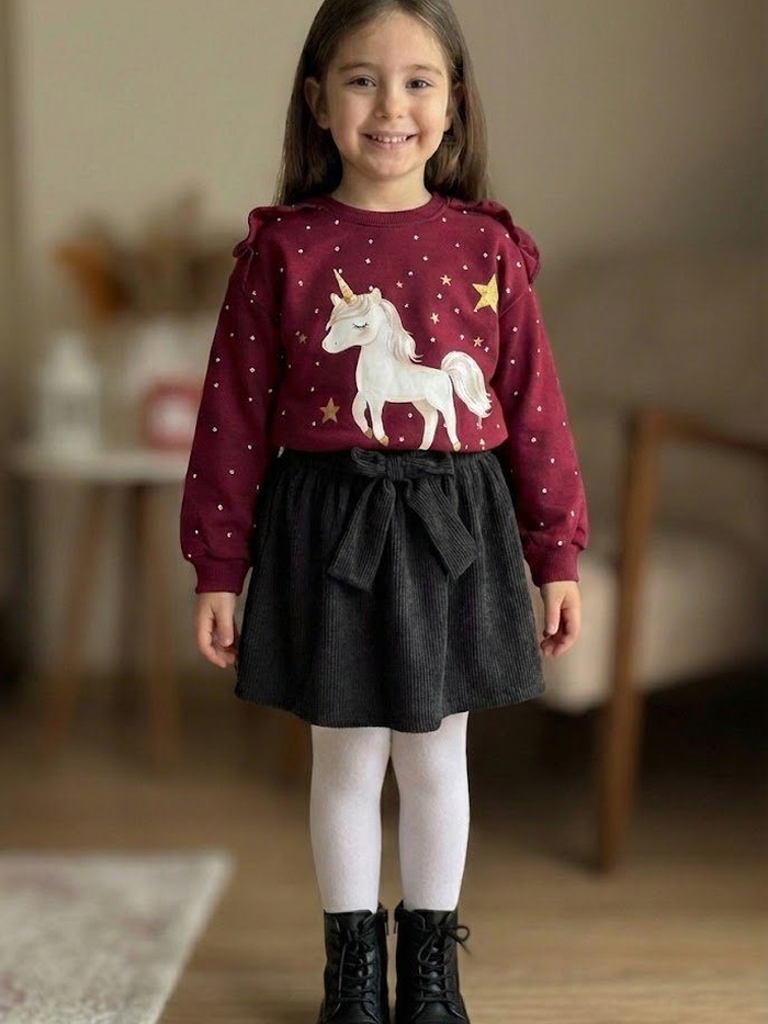 Unicorn Ruffle Set Maroon & Black - Girl (Unicorn Print)