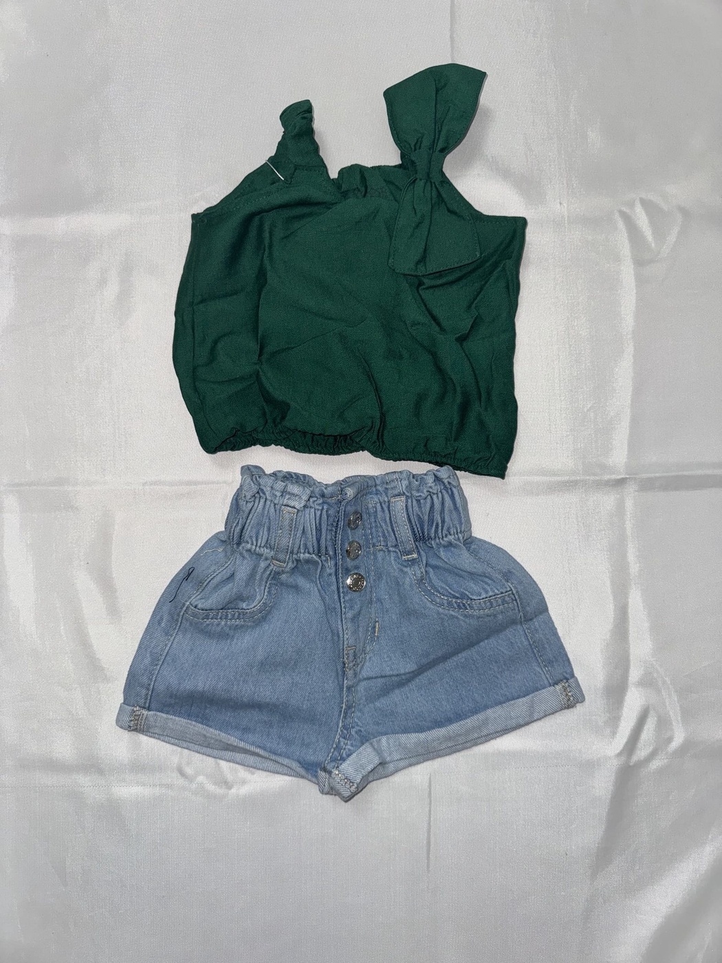 Shoulder-Bow Green Denim Shorts Set - Girl (Paperbag Waist Shorts)-08