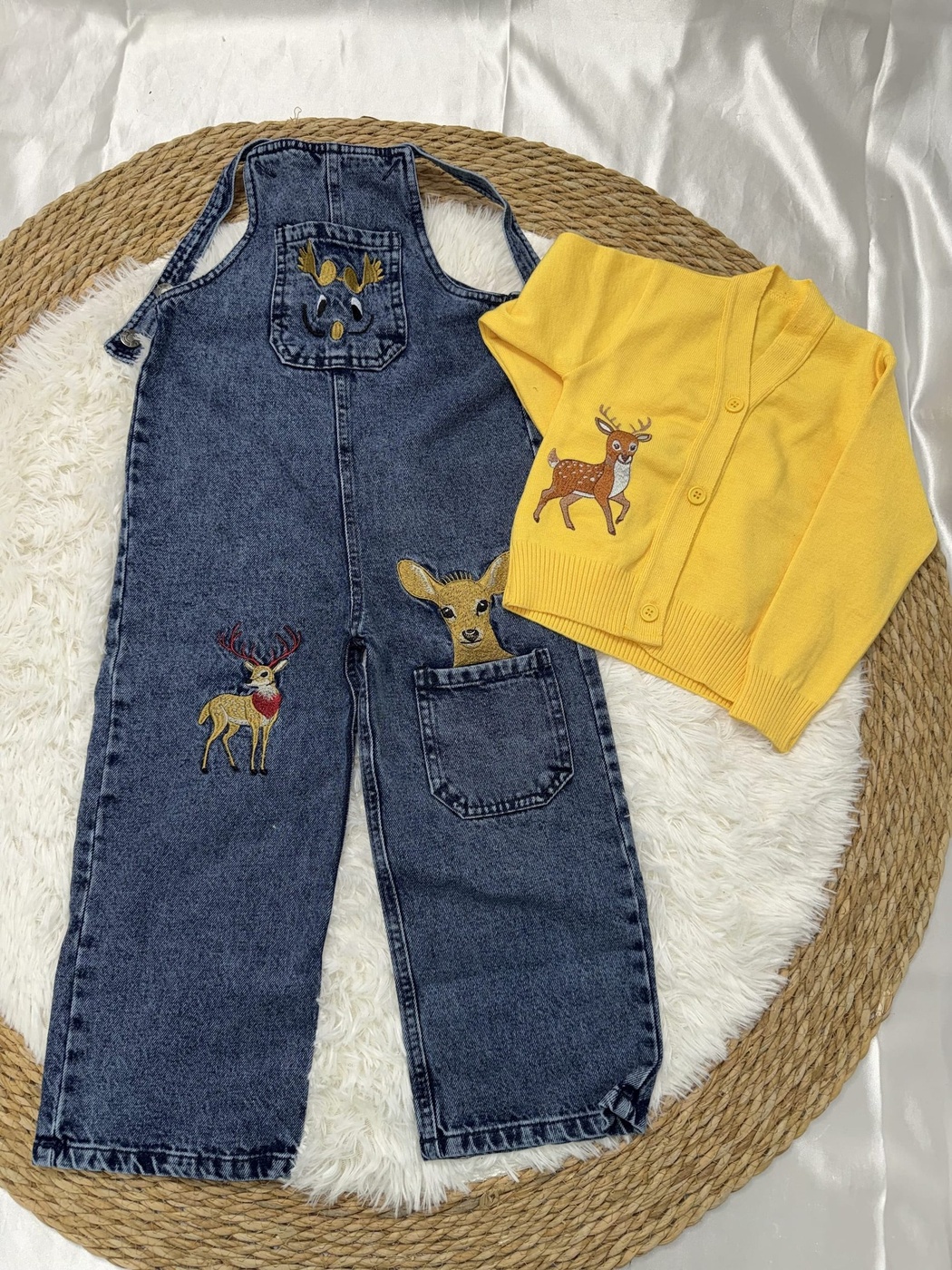 Deer Cardigan Dungaree Set Yellow - Girl (Embroidered Denim Overalls)