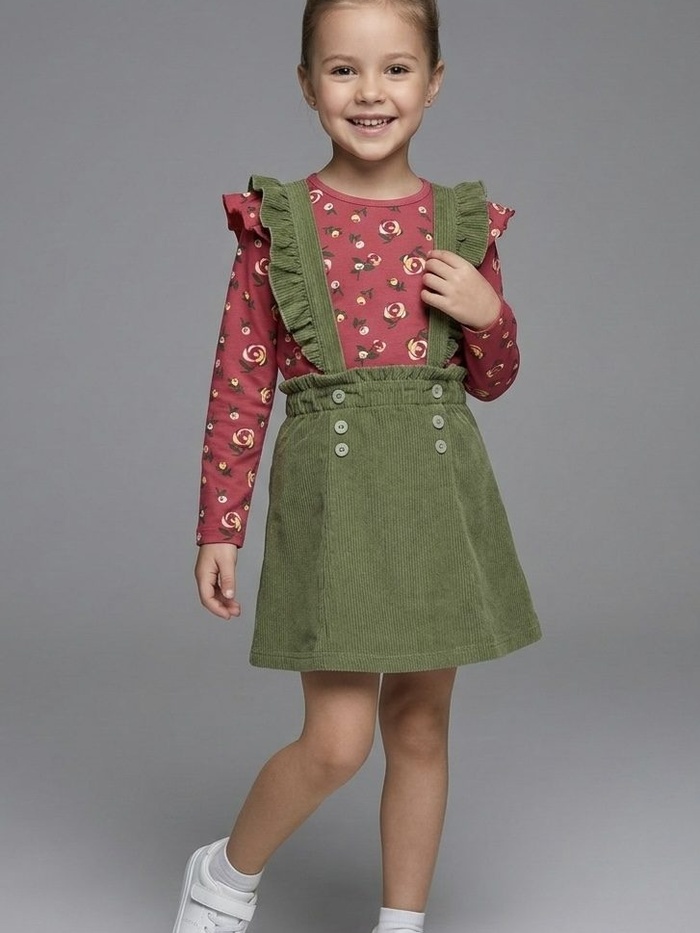 Rose Suspender Set Red - Girl (Olive Corduroy Bottom)