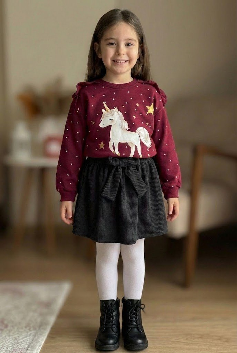 Unicorn Ruffle Set Maroon & Black - Girl (Unicorn Print)