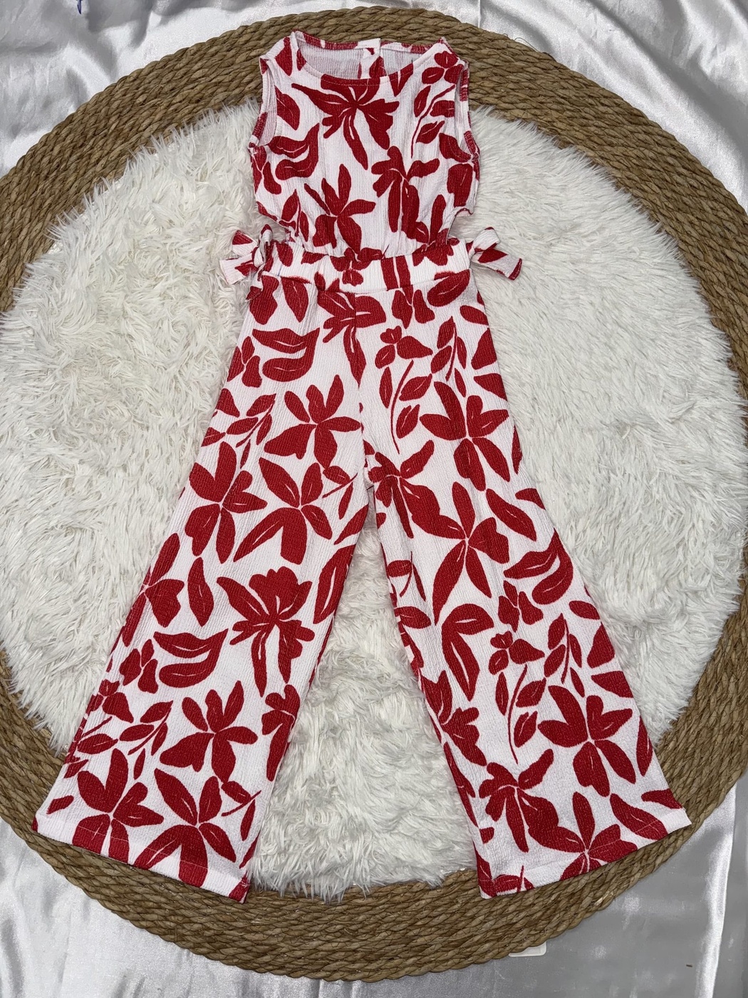 Red Floral Jumpsuit - Girl (Side Bows)-08
