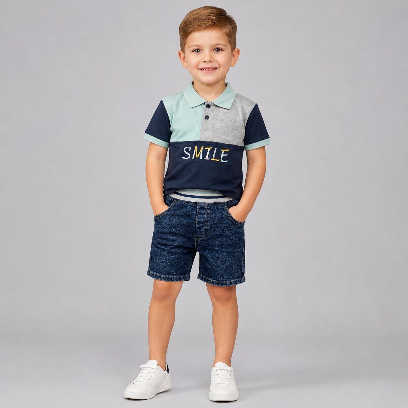Smile Navy Polo Shorts Set - Boy (Mint Color Block Top)-08