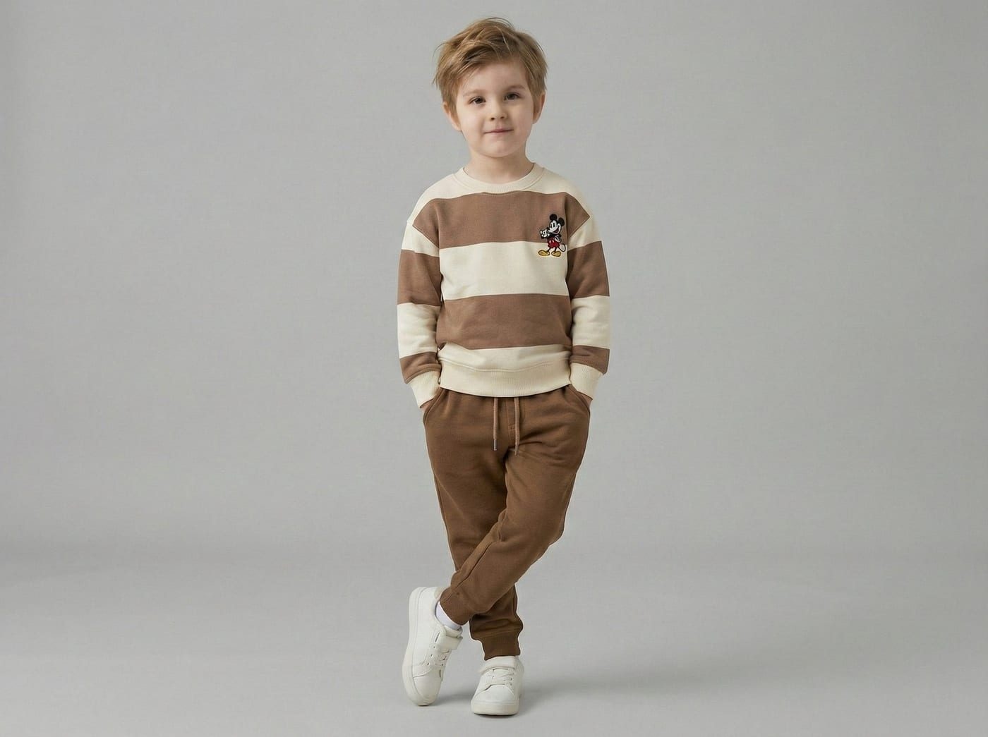 Mickey Mouse Striped Set Beige & Brown - For Boys (Small Chest Embroidery)