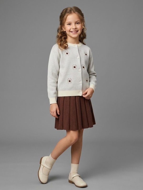 Daisy Cardigan Set Light Grey - Girl (Brown Ribbed Skirt)