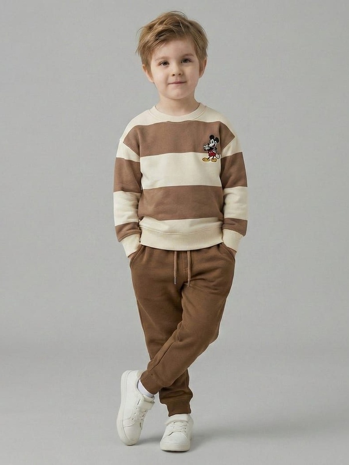 Mickey Mouse Striped Set Beige & Brown - For Boys (Small Chest Embroidery)