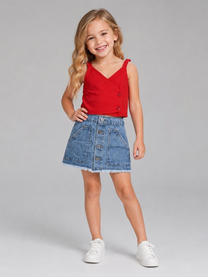 Wrap-Front Red Denim Skirt Set - Girl (Button-Front Skirt)