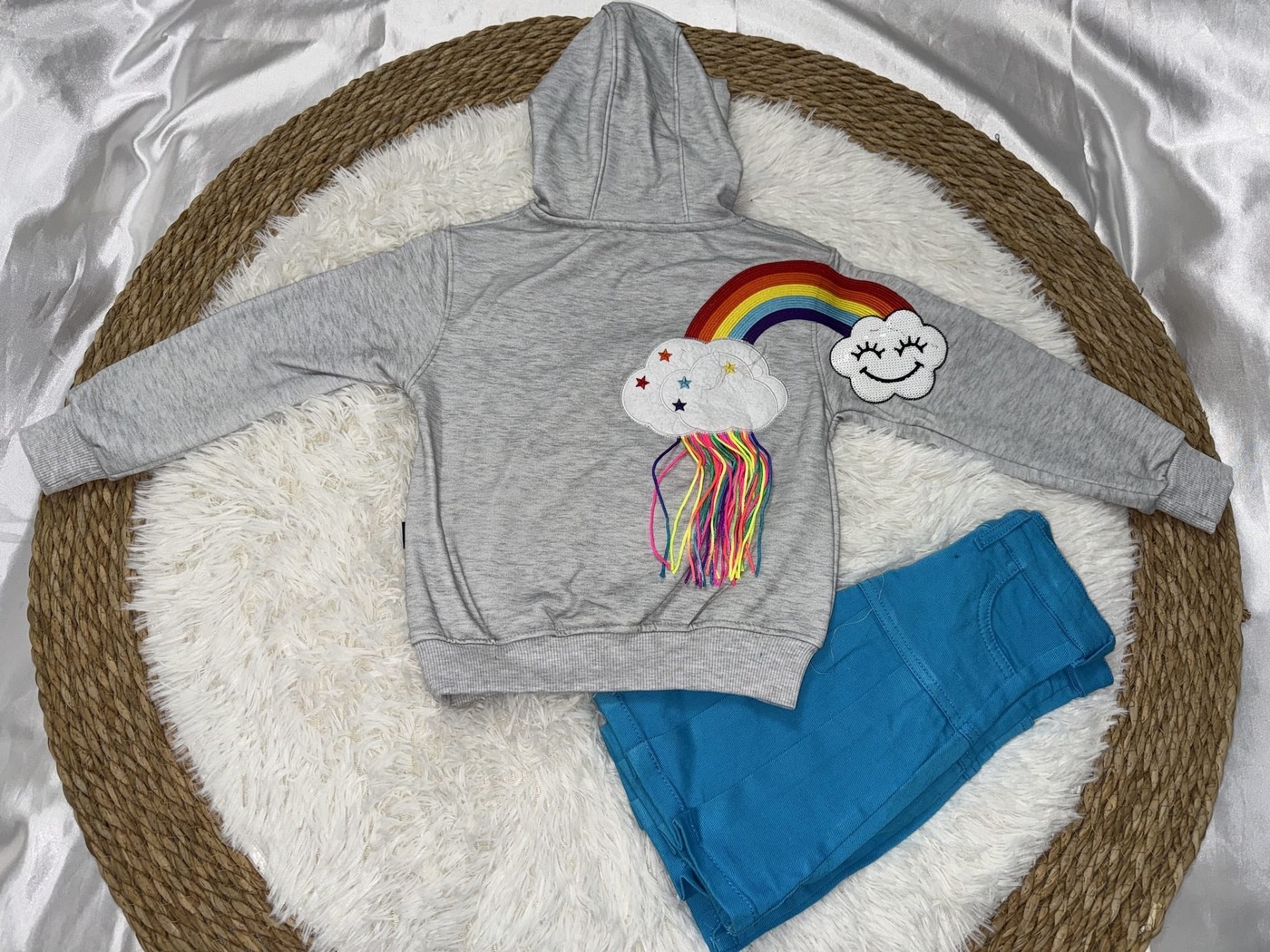 Rainbow Cloud Fringe Hoodie Set Grey - Girl (Blue Denim Skirt)