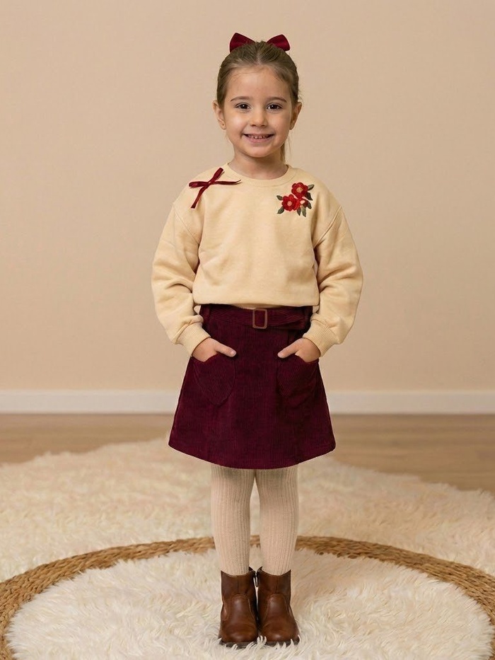 Rose Ribbon Set Cream & Maroon - Girl (Heart Pockets)