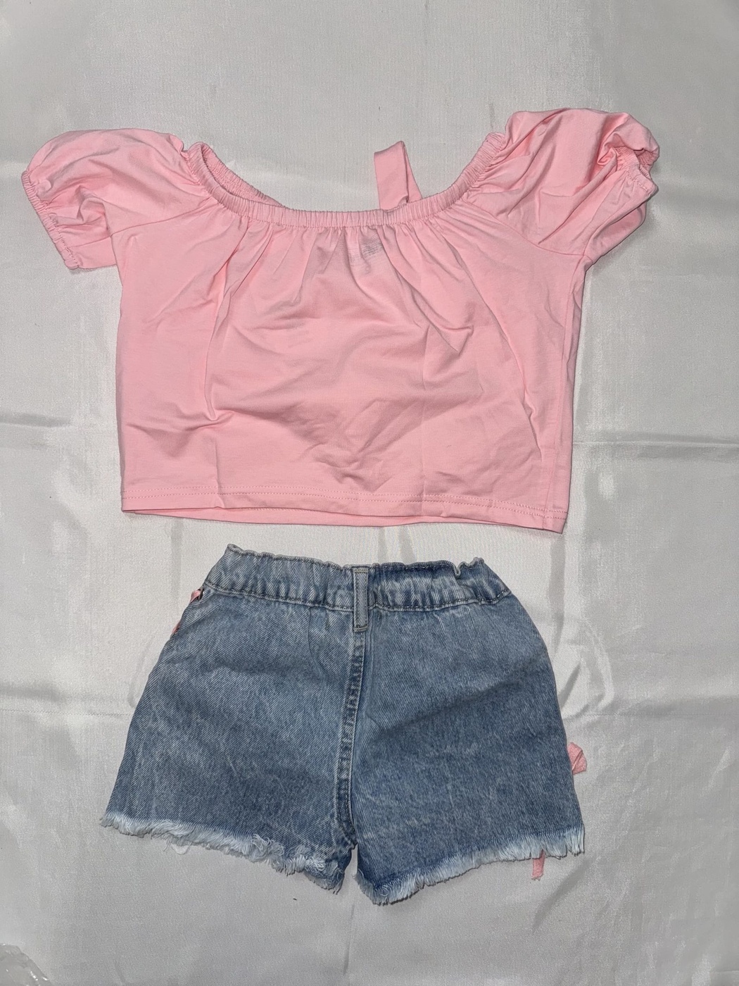 Bow-Trim Pink Denim Shorts Set - Girl (Side Lace Bows)-08