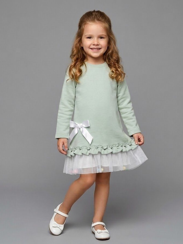 Pom Pom Tulle Dress Set Sage Green - Girl (White Ribbon Bow)