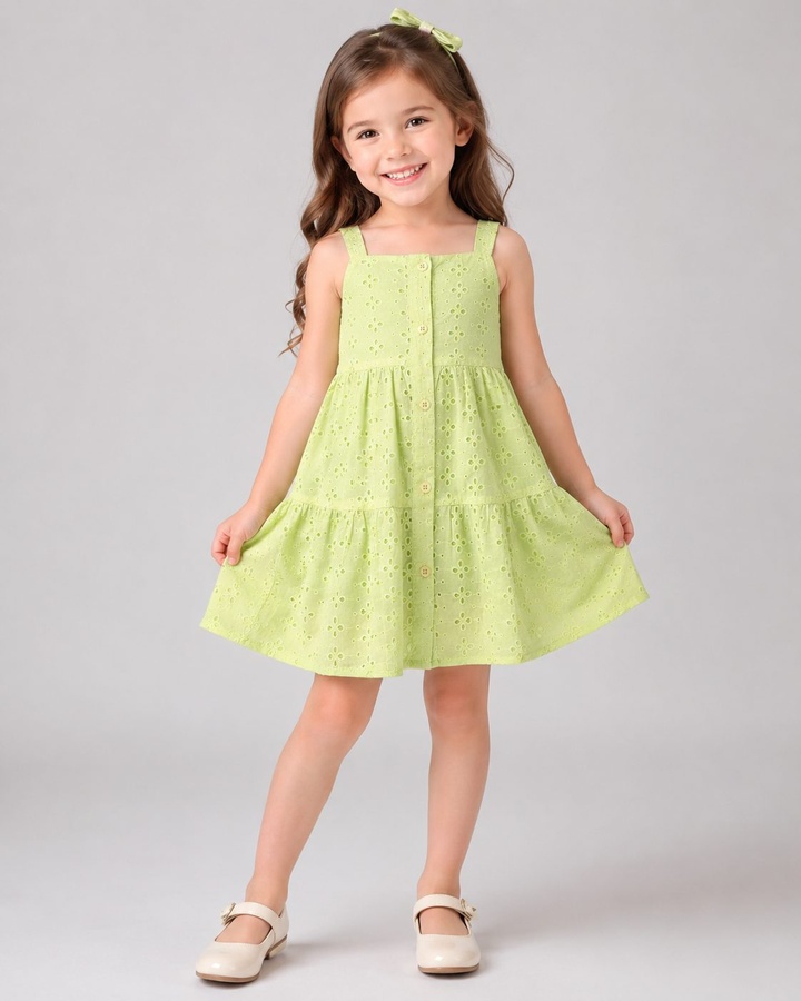 Tiered Green Dress - Girl (Button Front)