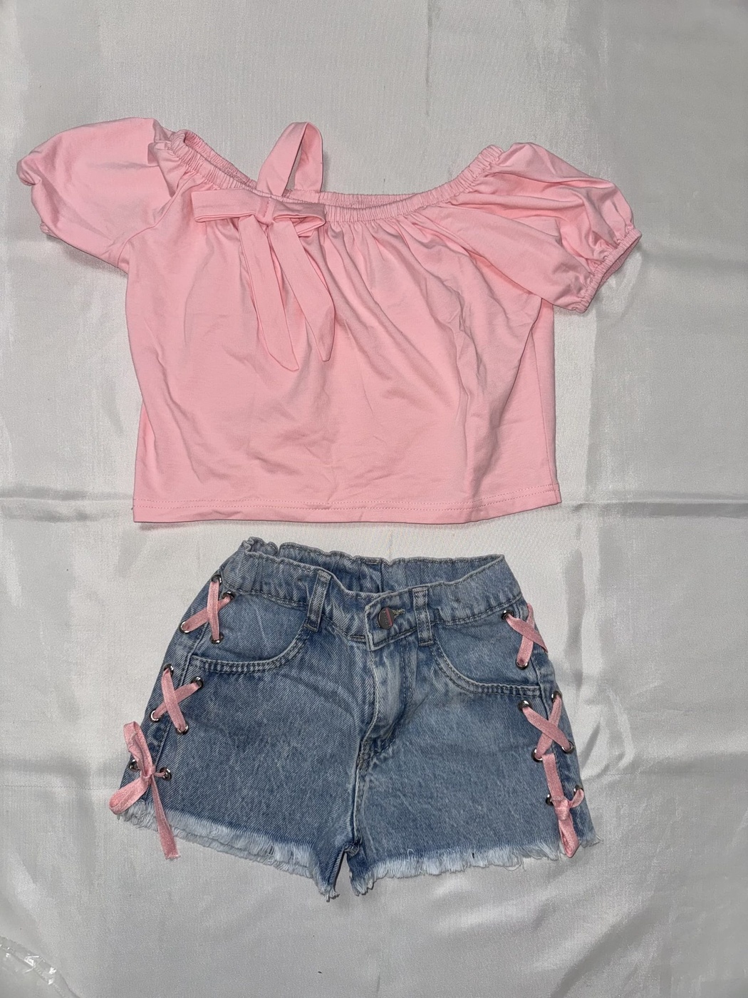 Bow-Trim Pink Denim Shorts Set - Girl (Side Lace Bows)-08