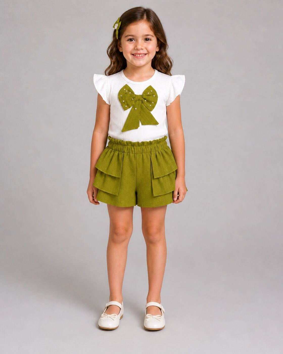 Bow Green Shorts Set - Girl (Ruffle Shorts)-06