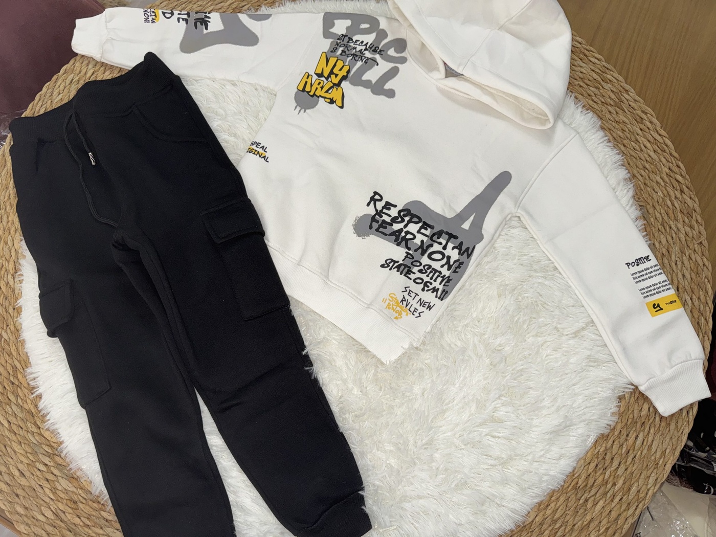 Graffiti White Hoodie - Boy (Black Cargo Pants)