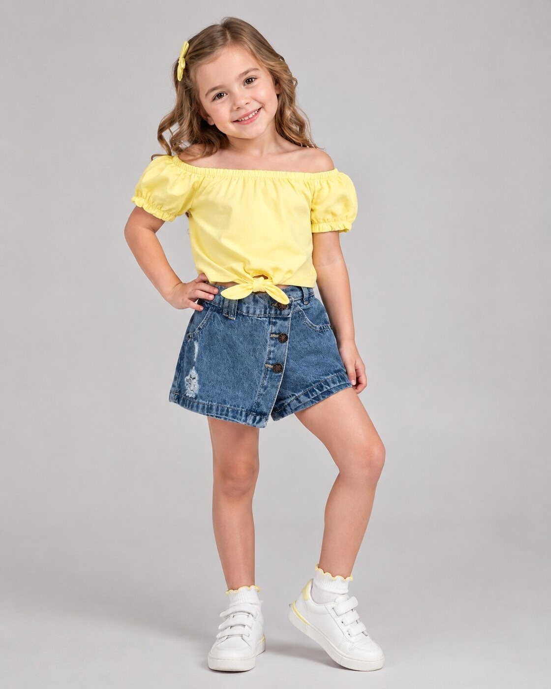 Tie-Front Yellow Denim Skort Set - Girl (Button-Front Skort)-08