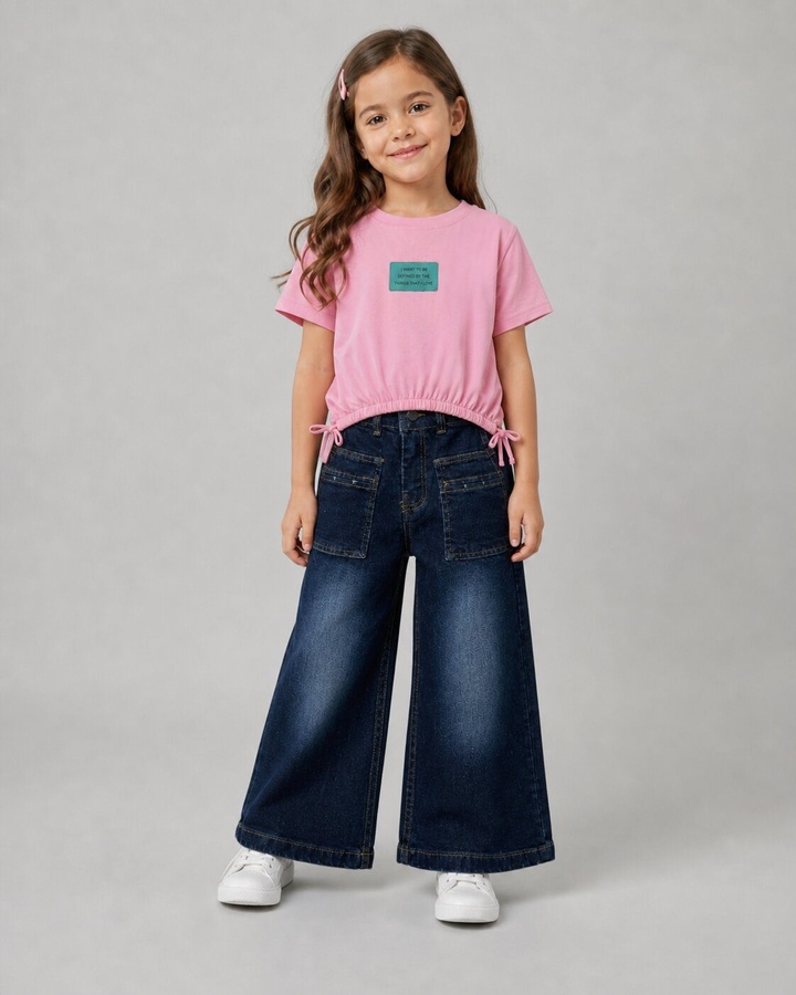 Pink Wide-Leg Jeans Set - Girl (Side Bows)