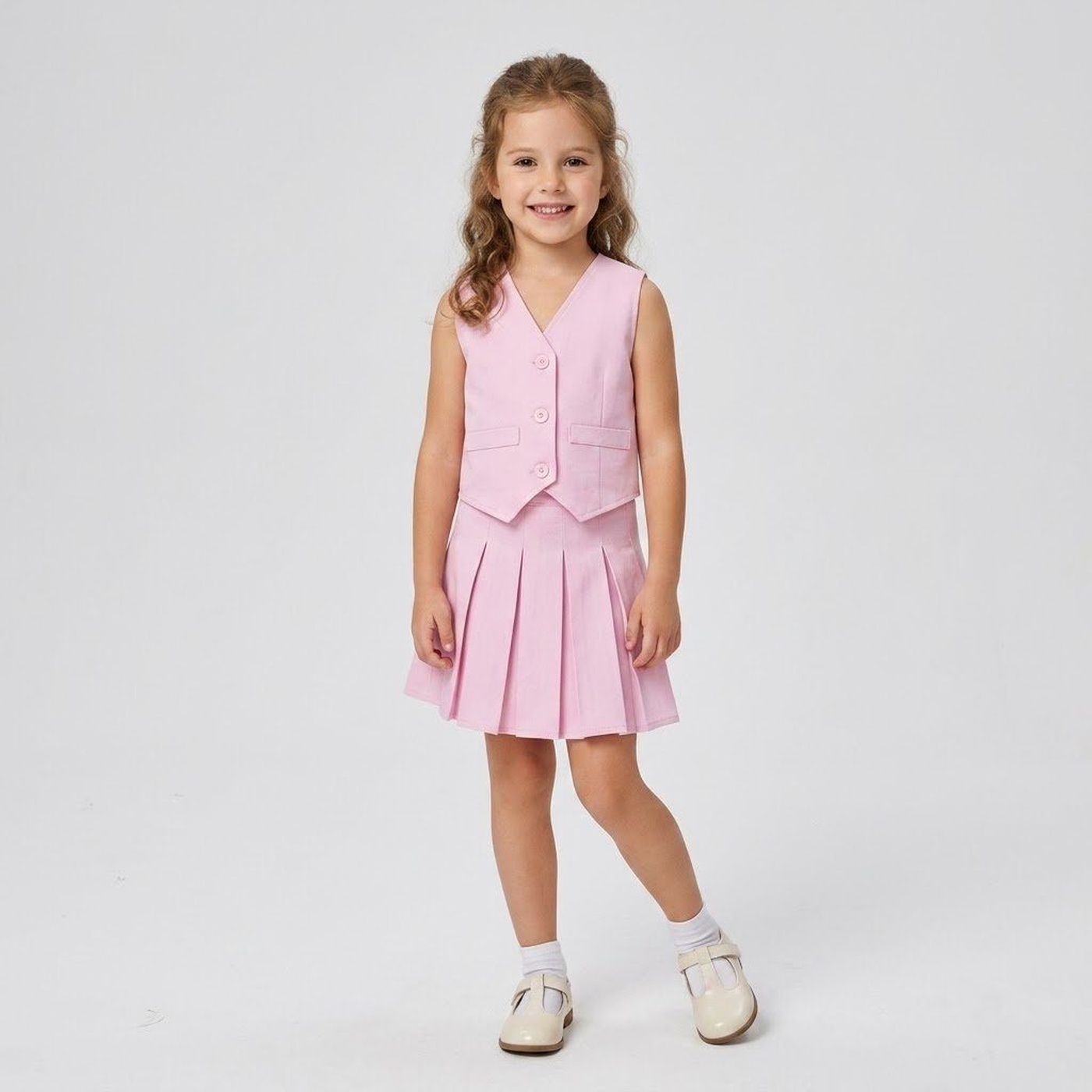 Peekaboo Pink Vest Set - Girl (Pleated Skirt)