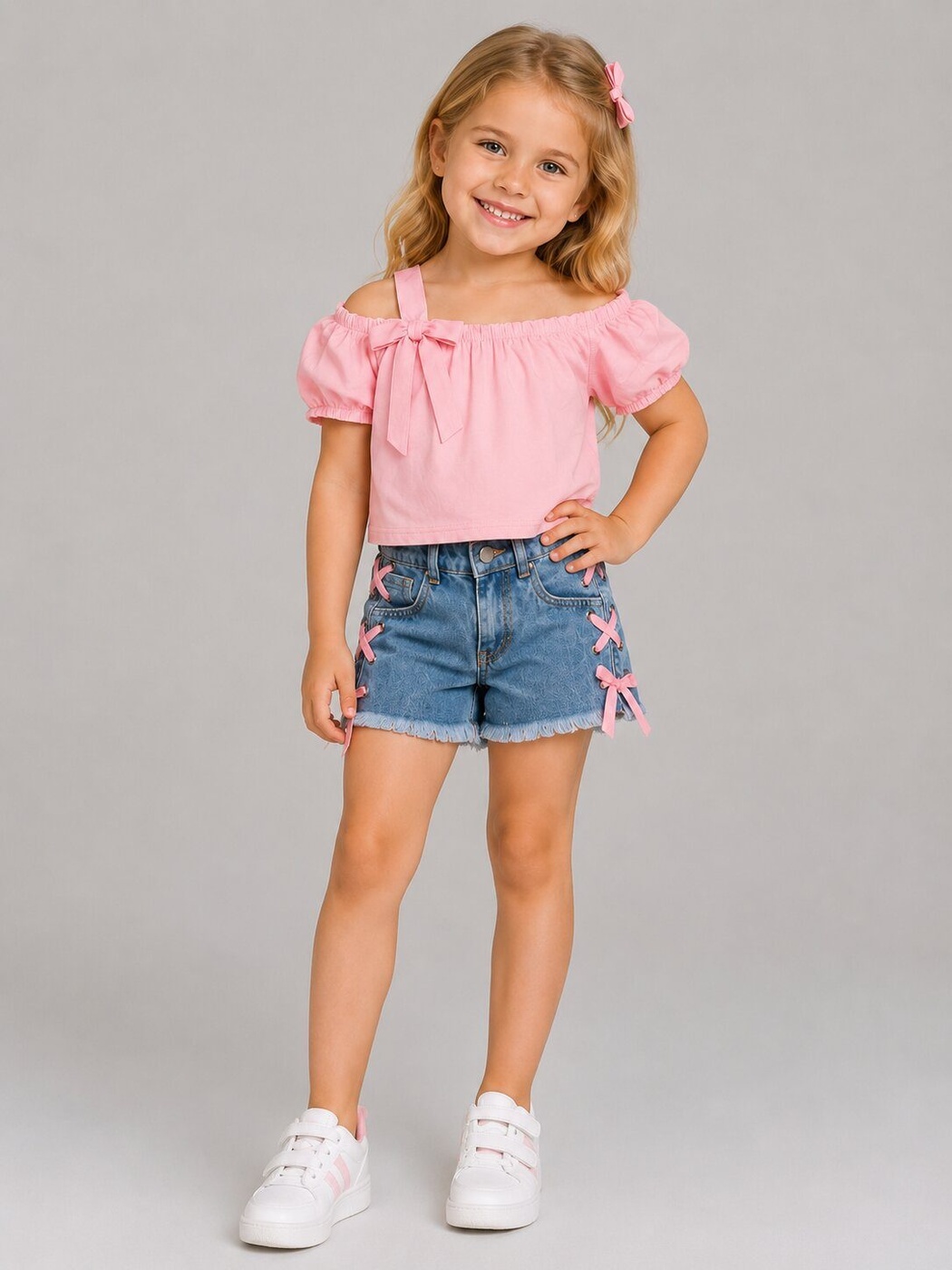 Bow-Trim Pink Denim Shorts Set - Girl (Side Lace Bows)-08