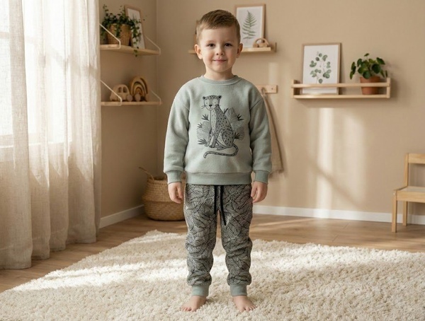 Grey Leopard Set - Boy (Leaf Print Pants)
