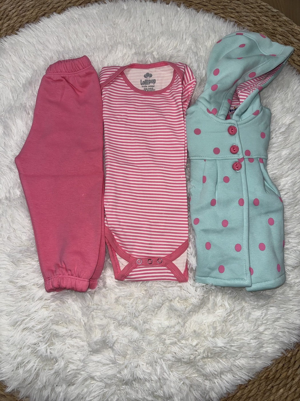 Mint Polka Dot 3-Piece Set - Baby Girl (Pink Striped Onesie)