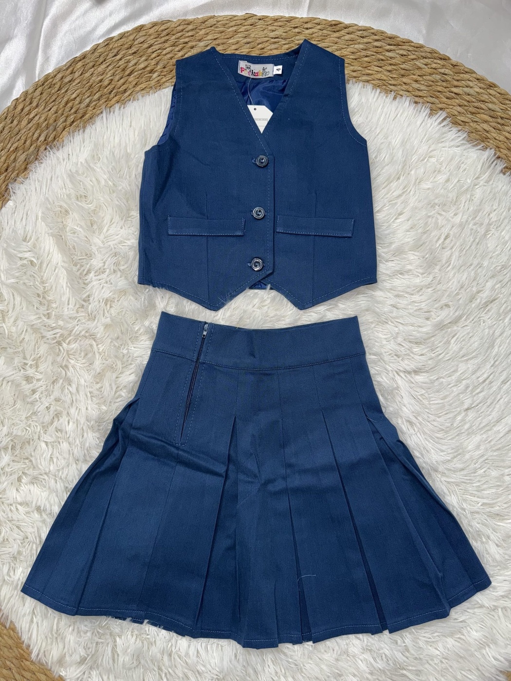 Peekaboo Blue Vest Set - Girl (Pleated Skirt)