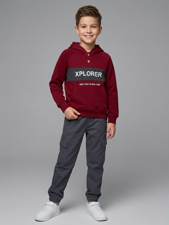 Xplorer Button Hoodie Set Maroon - Boy (Dark Grey Cargo Pants)