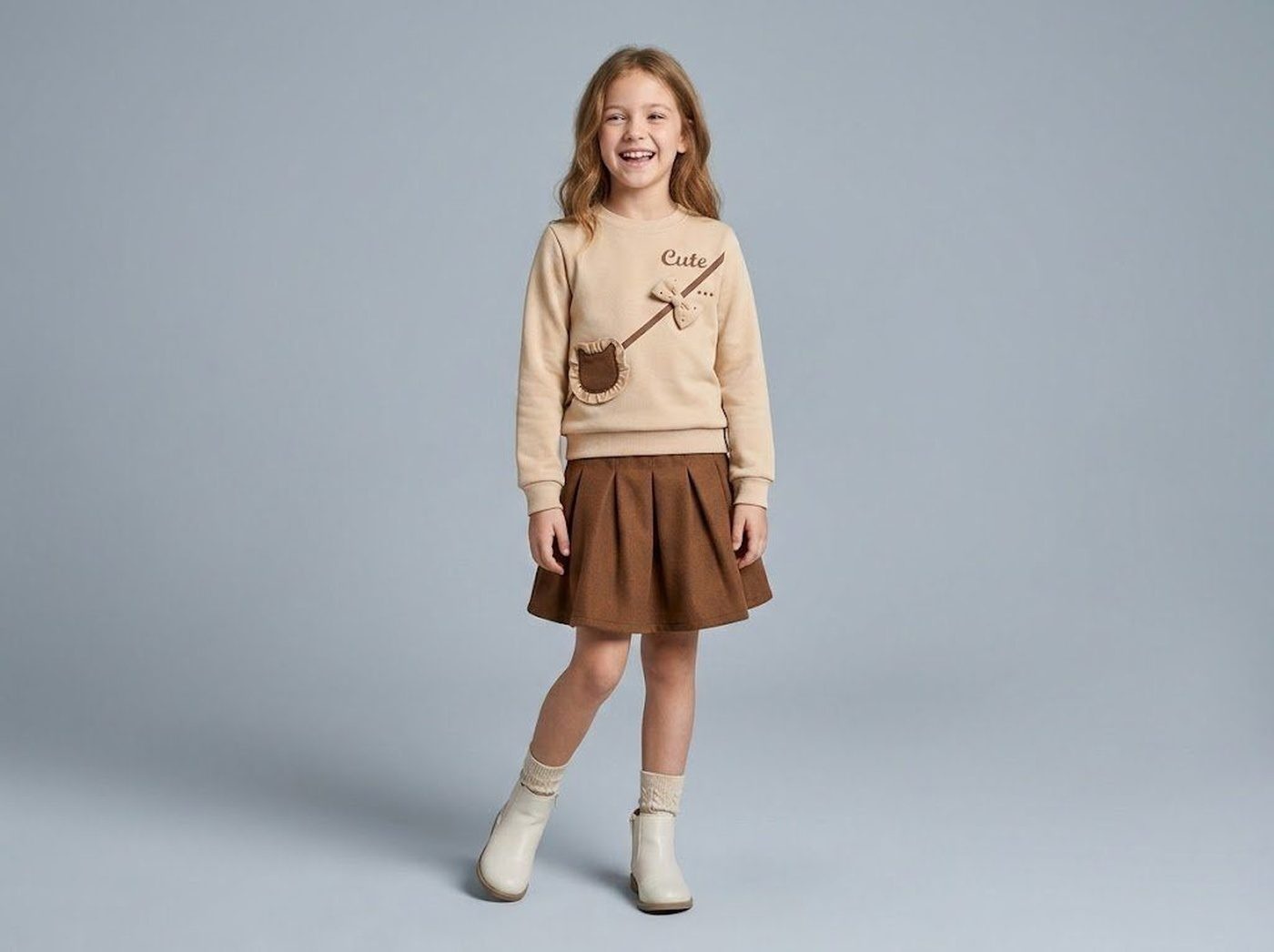 Bear Bag Sweatshirt Set Beige - For Girls (Brown Pleated Skirt)