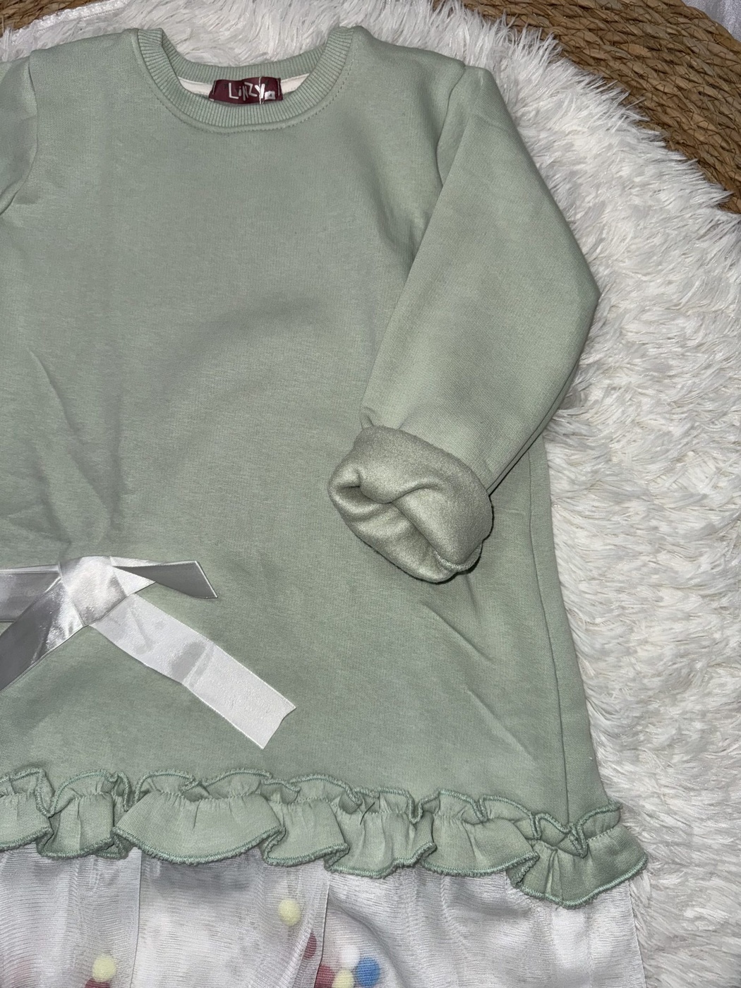 Pom Pom Tulle Dress Set Sage Green - Girl (White Ribbon Bow)