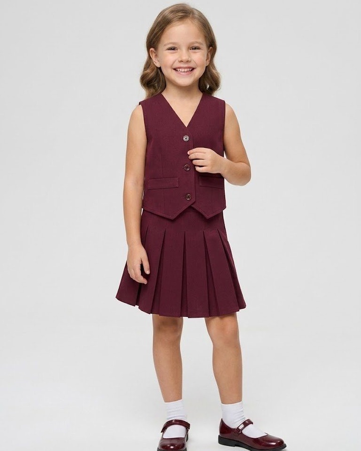 Peekaboo Burgundy Vest Set - Girl (Pleated Skirt)