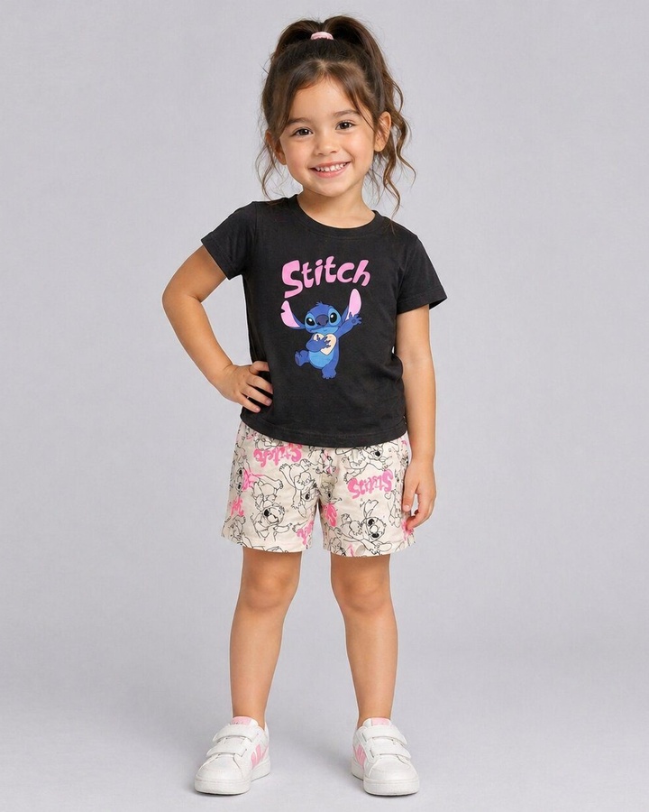 Stitch Black Shorts Set - Girl (Beige Shorts)