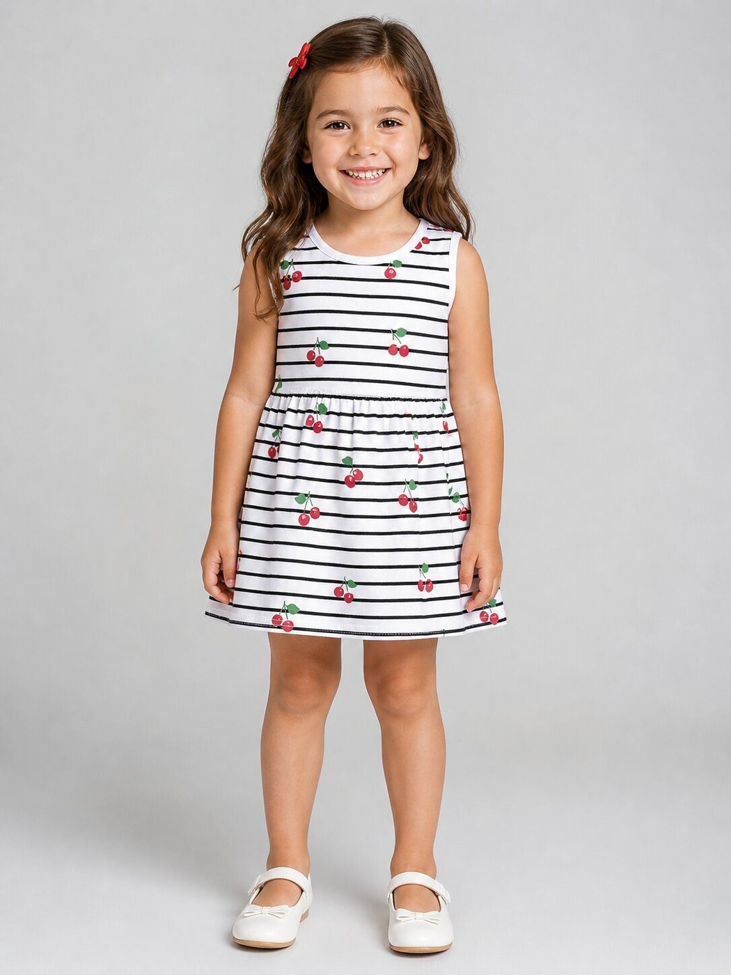 Brand Cherry Stripe White Dress - Girl (Cherry Pattern)-10