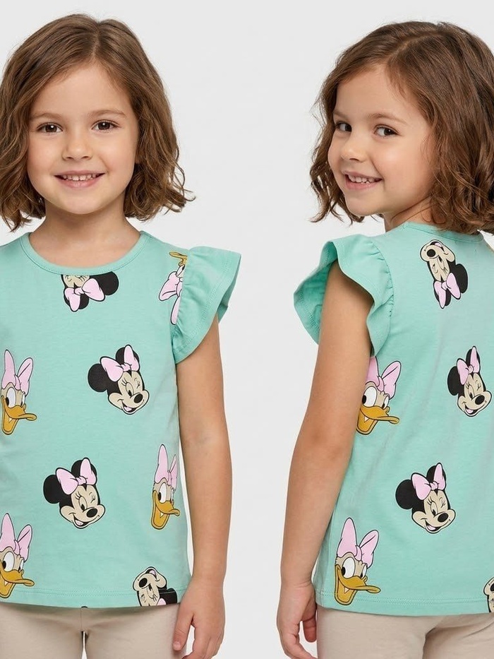 Minnie & Daisy Teal Ruffle Sleeve Tee - Girl (Allover Characters)