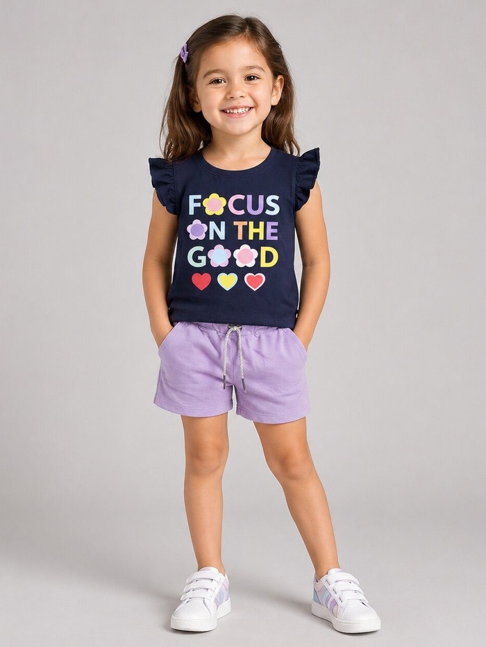 Focus Good Navy Shorts Set - Girl (Text Graphic)