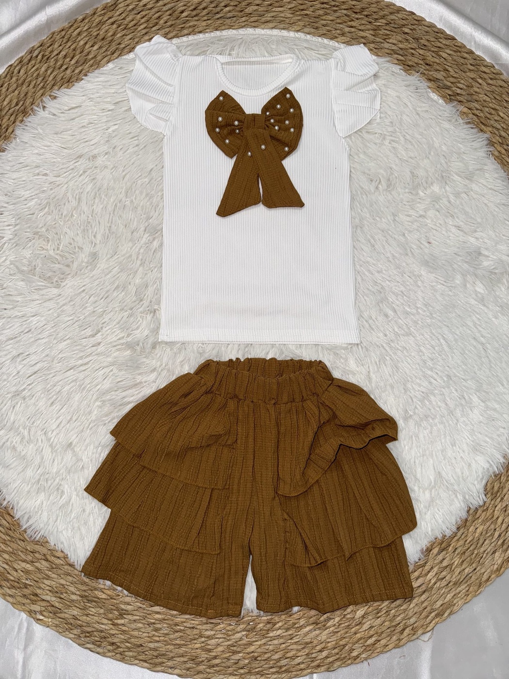 Bow Golden Brown Shorts Set - Girl (Ruffle Shorts)-06