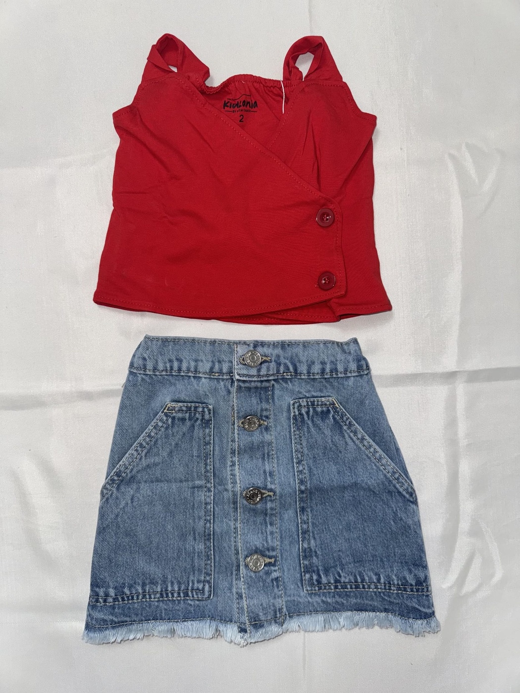 Wrap-Front Red Denim Skirt Set - Girl (Button-Front Skirt)-08
