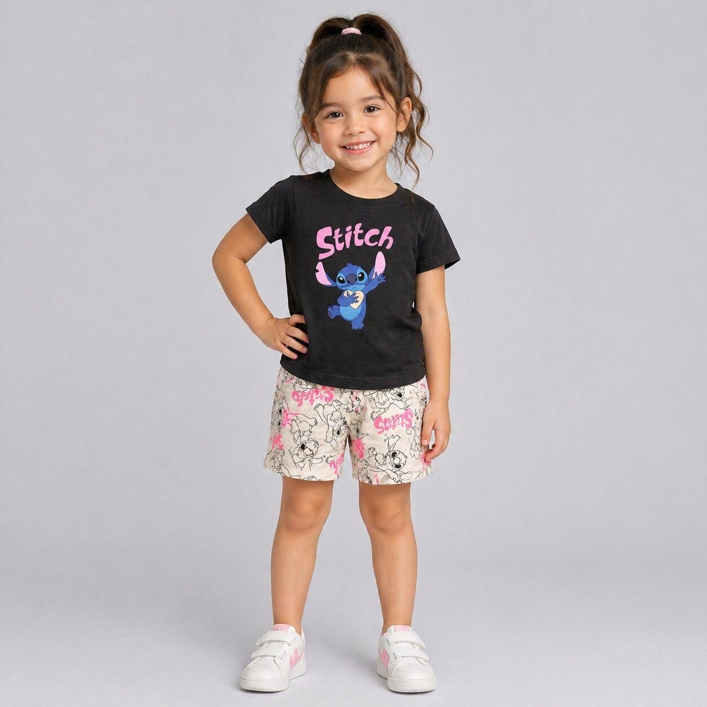 Stitch Black Shorts Set - Girl (Beige Shorts)-08