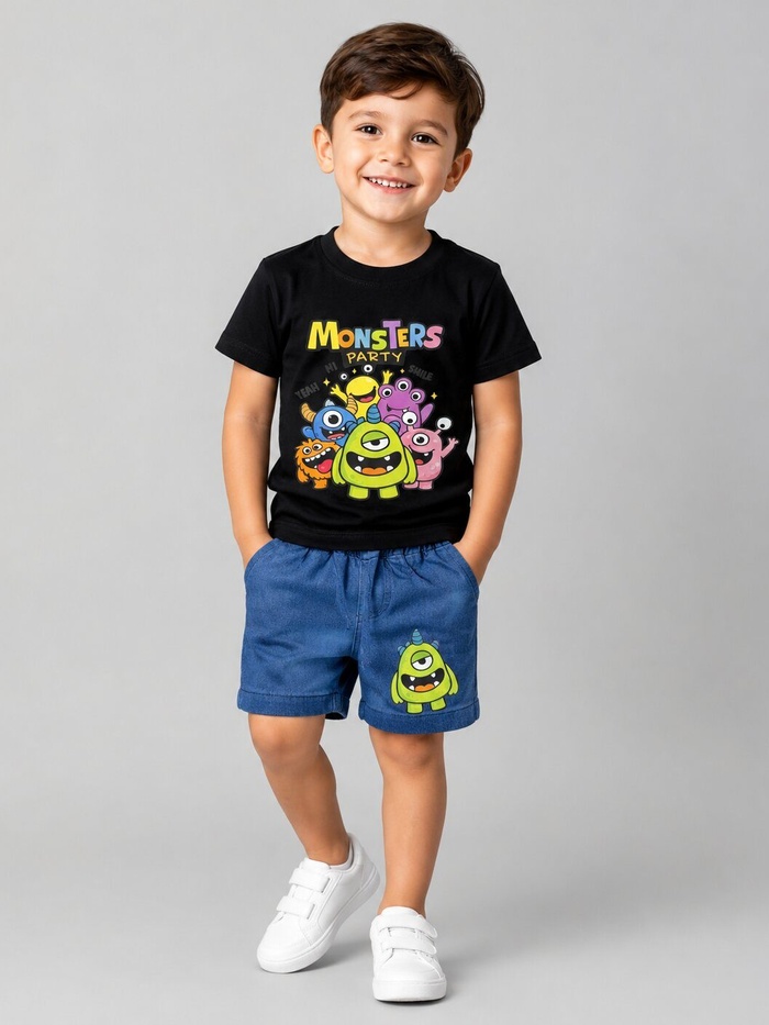 Monsters Party Black Shorts Set - Boy (Front Monster Graphic)