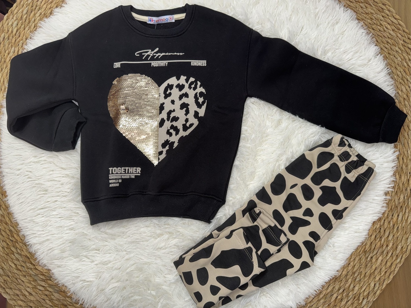 Heart Black Set - Girl (Cow Print Pants)