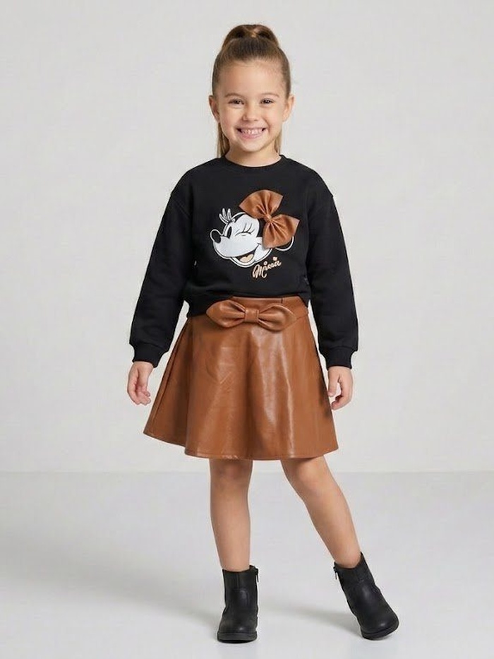 Minnie Leather Bow Set Black - Girl (Brown Leather Skirt)